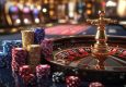 A close-up of roulette and colorful poker chips on a casino table
