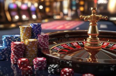 A close-up of roulette and colorful poker chips on a casino table