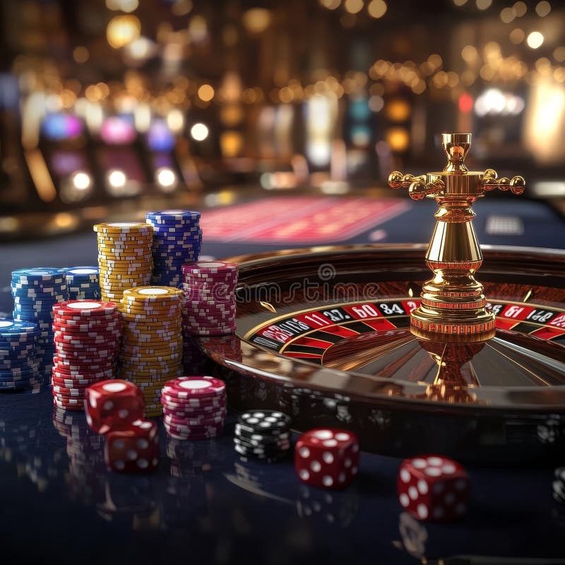 A close-up of roulette and colorful poker chips on a casino table